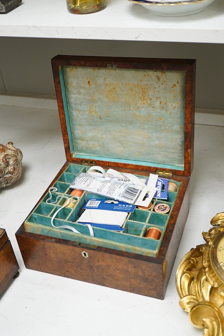 A 19th century burr walnut work box and a French burr wood and Sevres style porcelain mounted work box, 30.5cm wide x 14cm high.